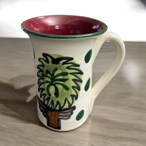 Hand-Painted Ceramic Mug, Folk Art Tree Design, Green & Burgundy Glaze, Rustic